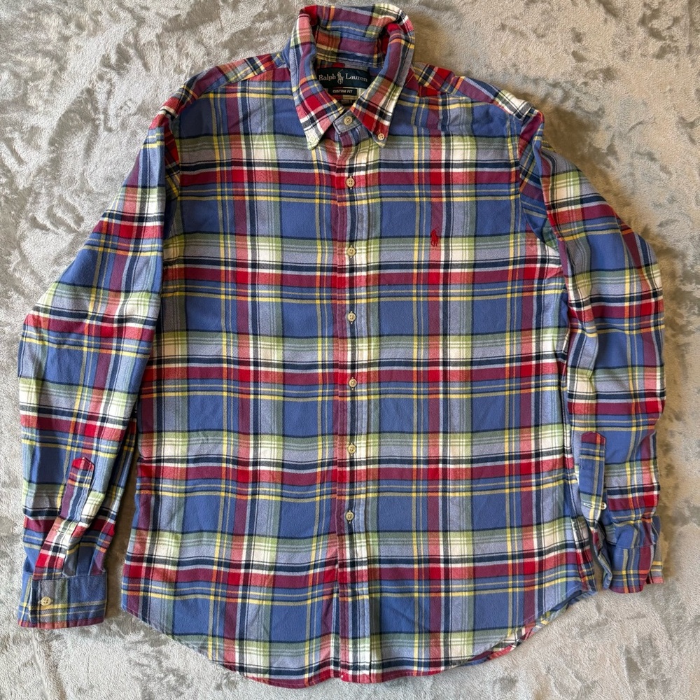 Ralph Lauren Custom Fit Large Blue Plaid Button Down Shirt Red‎ Pony Preppy